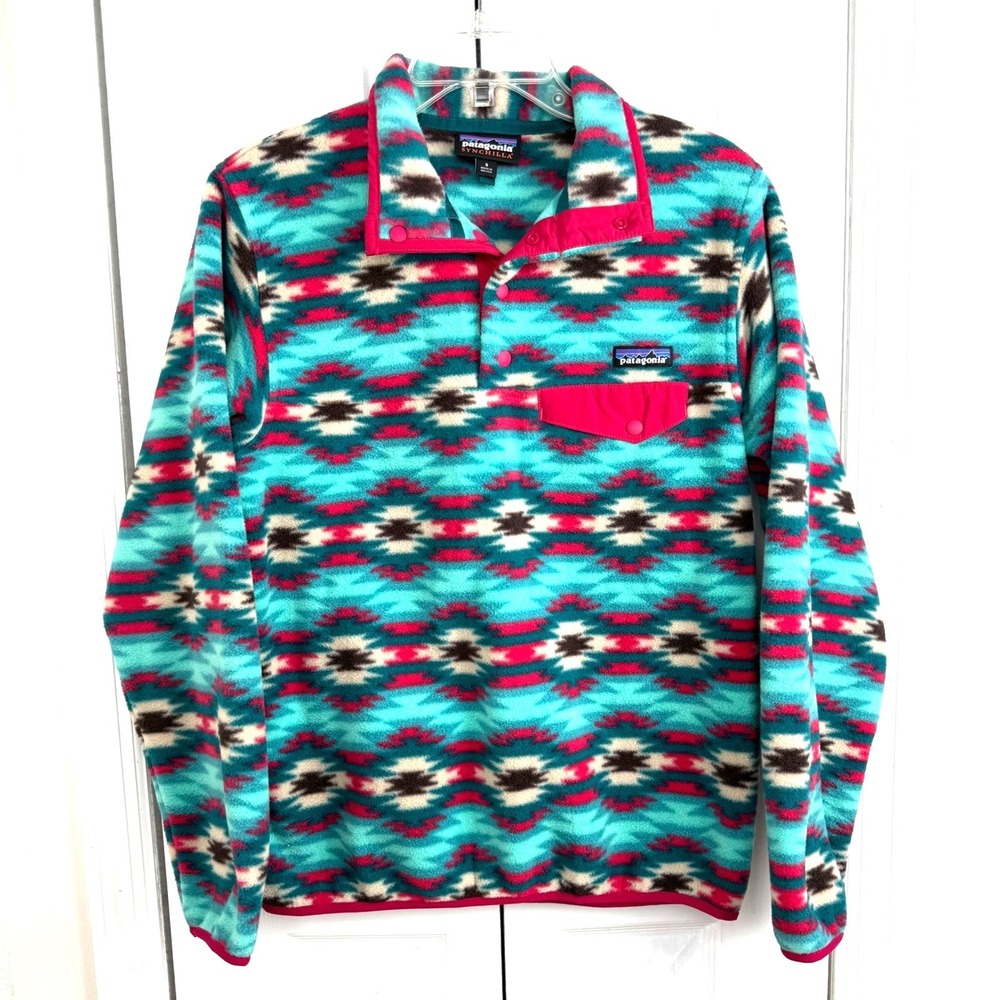 Patagonia Synchilla‎ Snap-T Fleece Aztec Print Women's S Teal Pink Southwestern